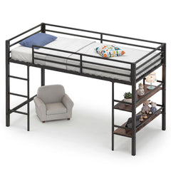 Single Metal Loft Bed with Storage Shelves and Guardrails and Ladder-Rustic Brown