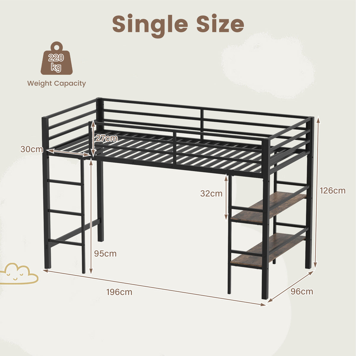 Single Metal Loft Bed with Storage Shelves and Guardrails and Ladder-Rustic Brown