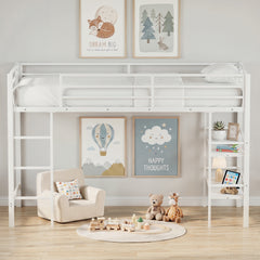 Single Metal Loft Bed with Storage Shelves and Guardrails and Ladder-White