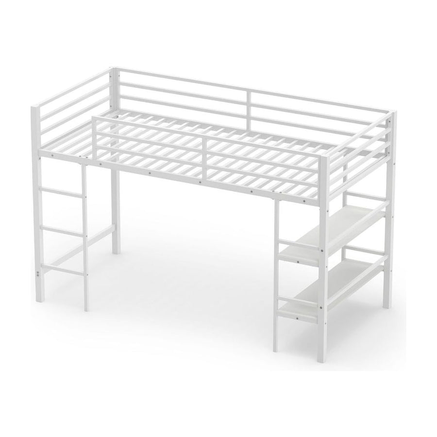 Single Metal Loft Bed with Storage Shelves and Guardrails and Ladder-White