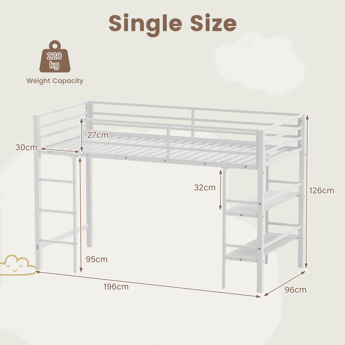 Single Metal Loft Bed with Storage Shelves and Guardrails and Ladder-White