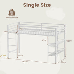 Single Metal Loft Bed with Storage Shelves and Guardrails and Ladder-White