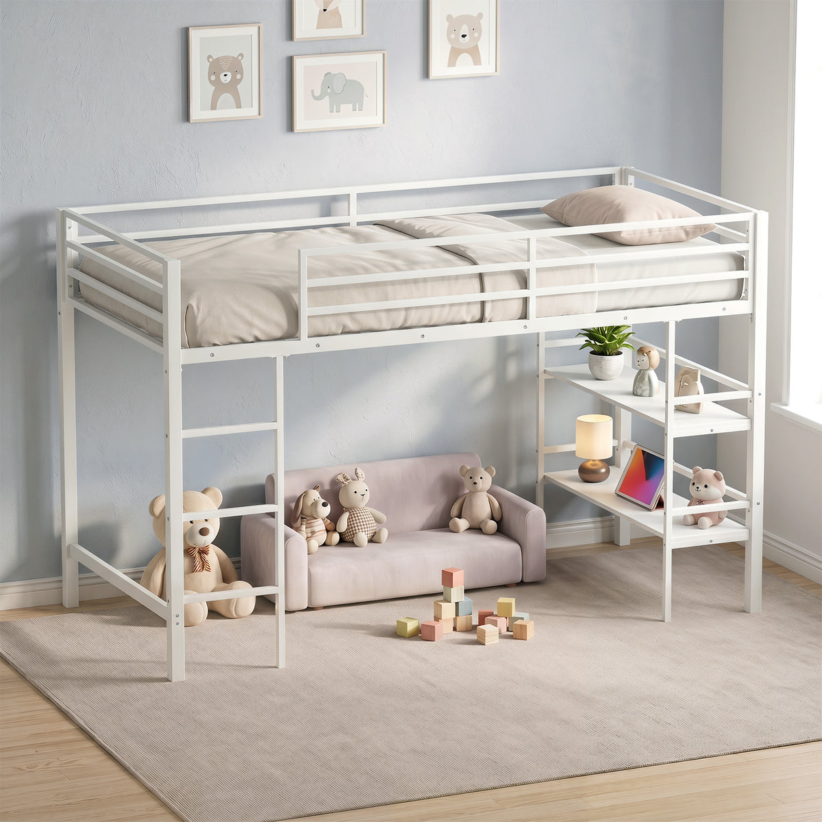Single Metal Loft Bed with Storage Shelves and Guardrails and Ladder-White