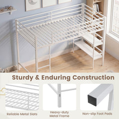 Single Metal Loft Bed with Storage Shelves and Guardrails and Ladder-White