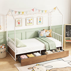 Single Size House Bed with 2 Drawers and Roof for Kids-Natural