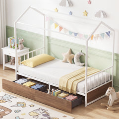 Single Size House Bed with 2 Drawers and Roof for Kids-Natural