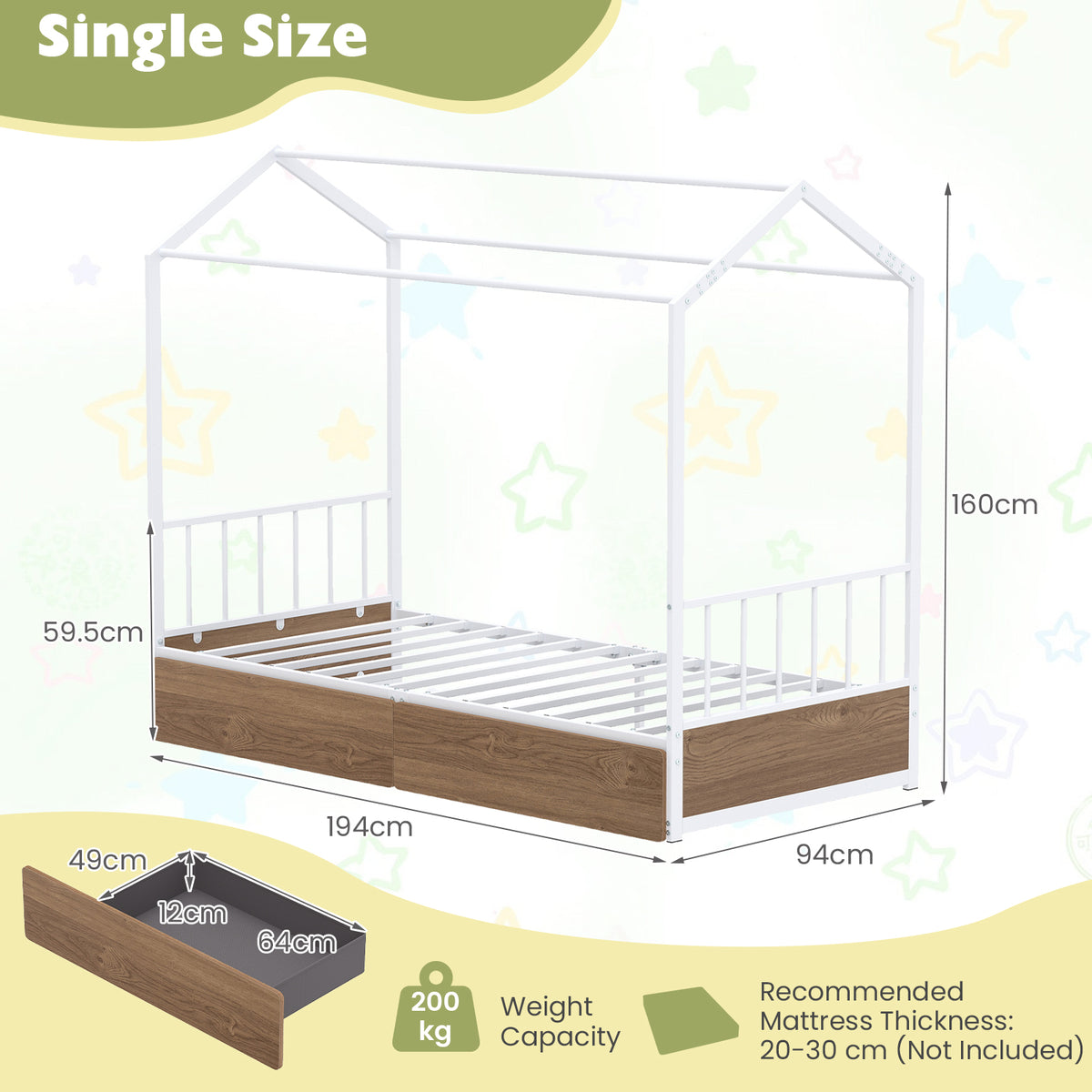 Single Size House Bed with 2 Drawers and Roof for Kids-Natural