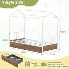 Single Size House Bed with 2 Drawers and Roof for Kids-Natural