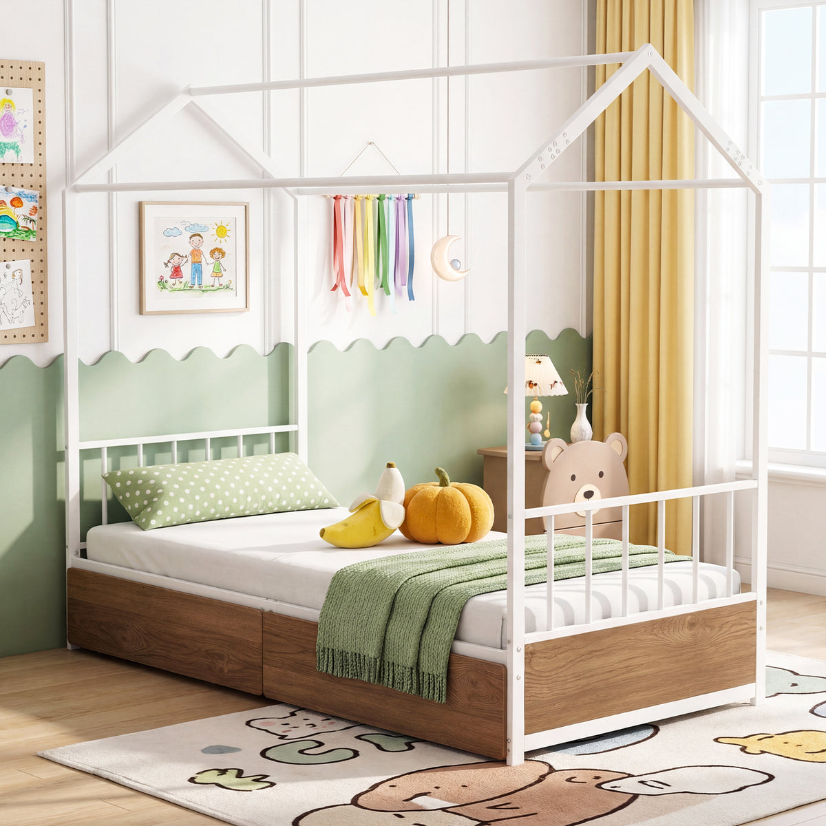 Single Size House Bed with 2 Drawers and Roof for Kids-Natural