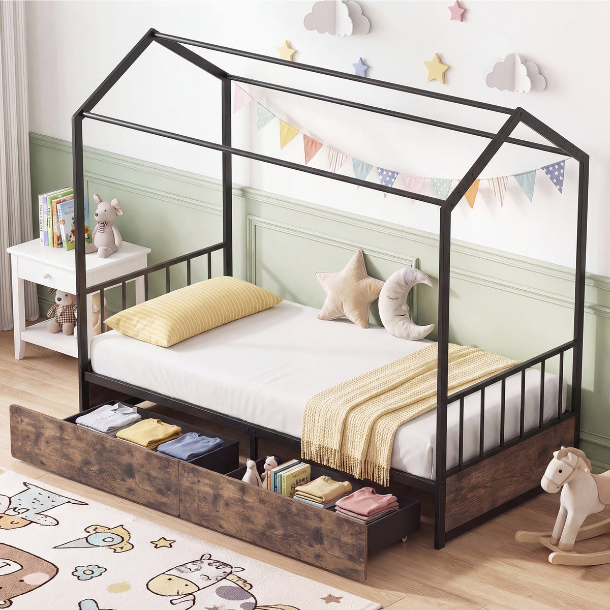 Single Size House Bed with 2 Drawers and Roof for Kids-Rustic Brown