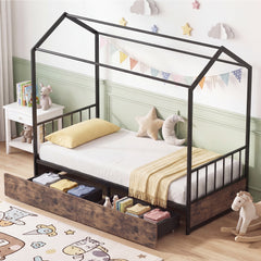 Single Size House Bed with 2 Drawers and Roof for Kids-Rustic Brown
