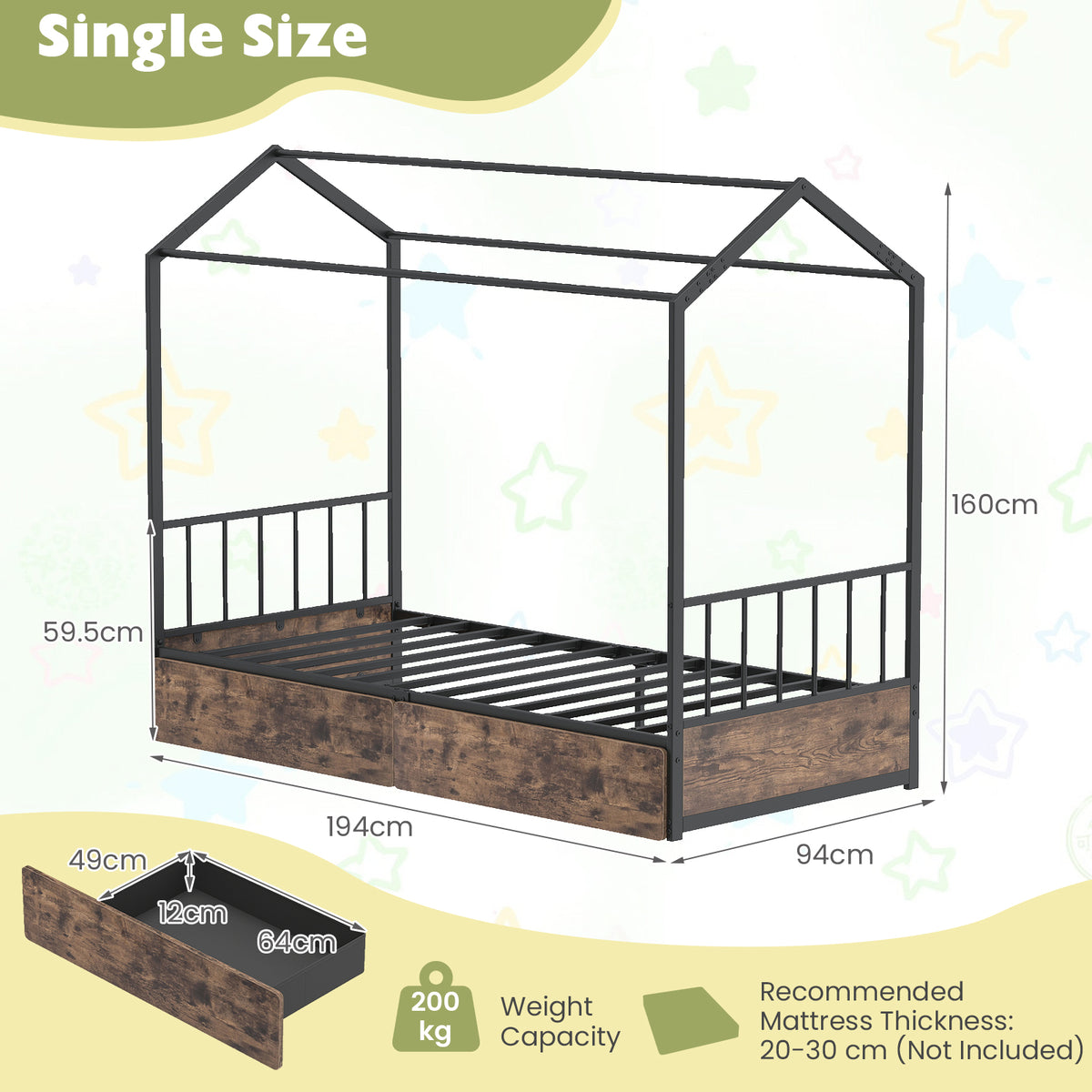 Single Size House Bed with 2 Drawers and Roof for Kids-Rustic Brown