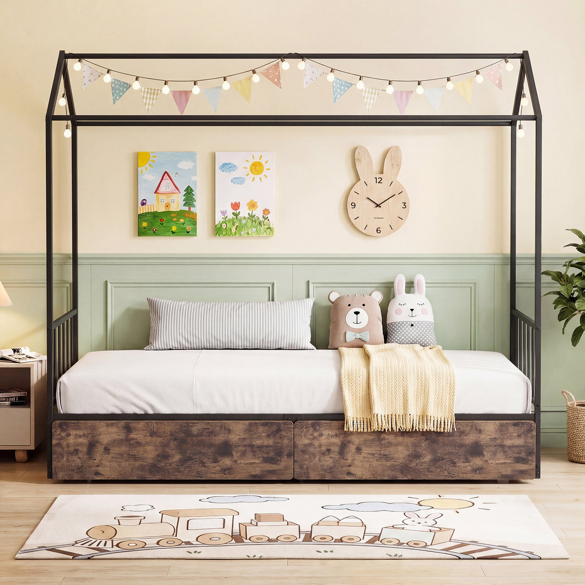 Single Size House Bed with 2 Drawers and Roof for Kids-Rustic Brown