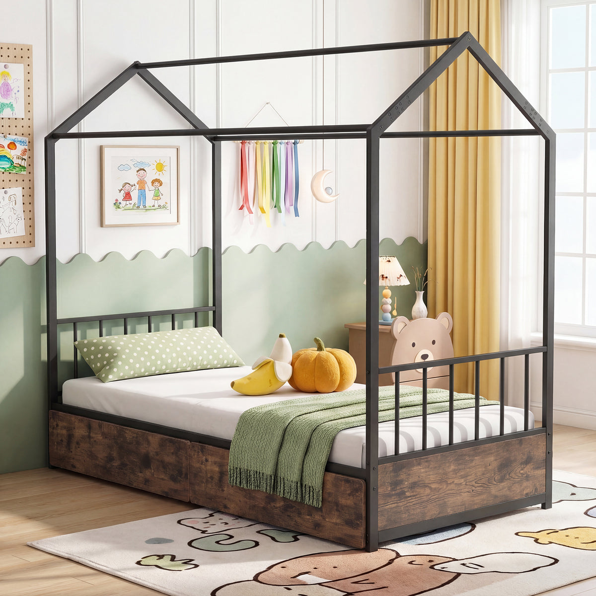Single Size House Bed with 2 Drawers and Roof for Kids-Rustic Brown