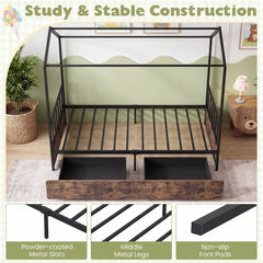 Single Size House Bed with 2 Drawers and Roof for Kids-Rustic Brown
