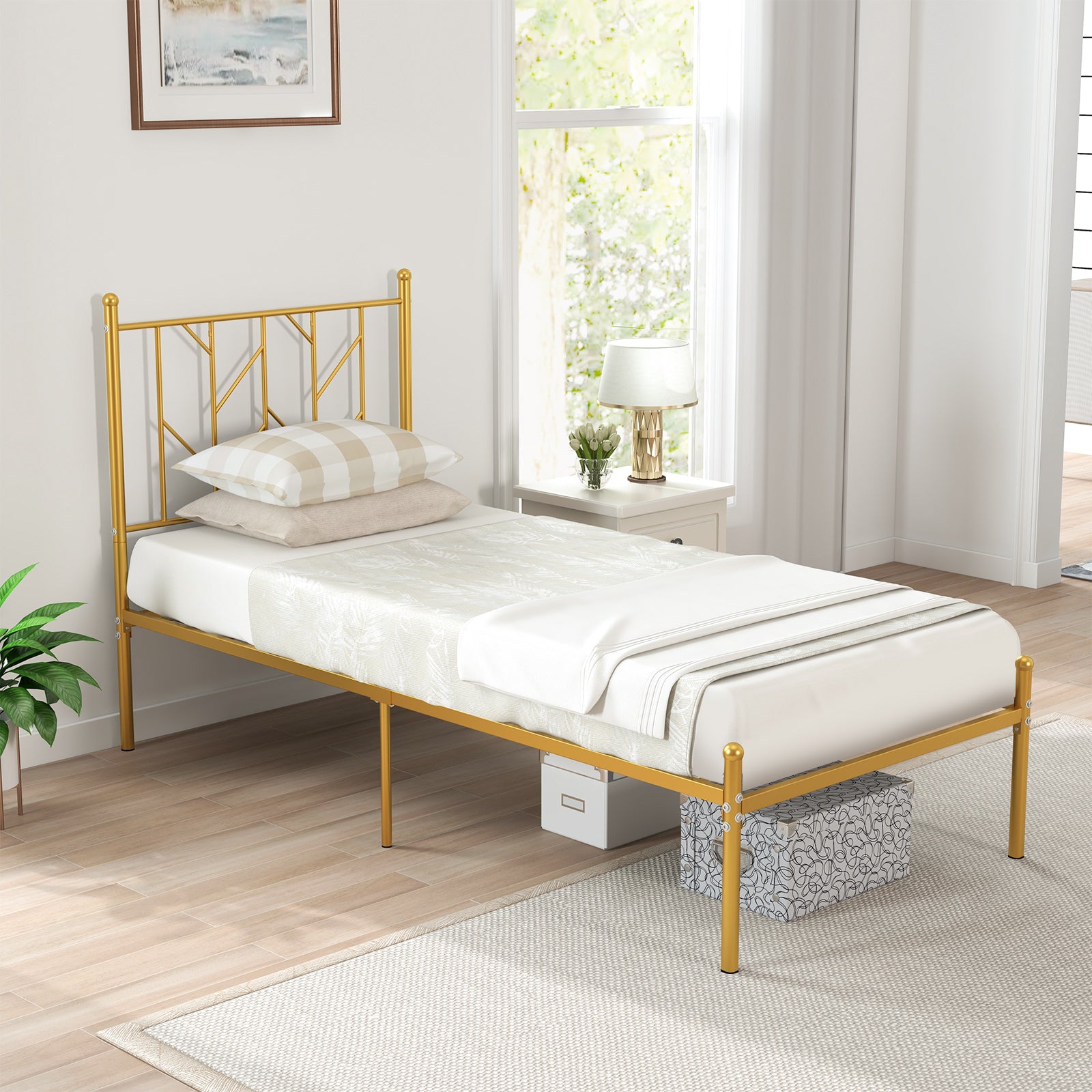 Single/Double Metal Platform Bed Frame with Headboard Black Golden-Single Size