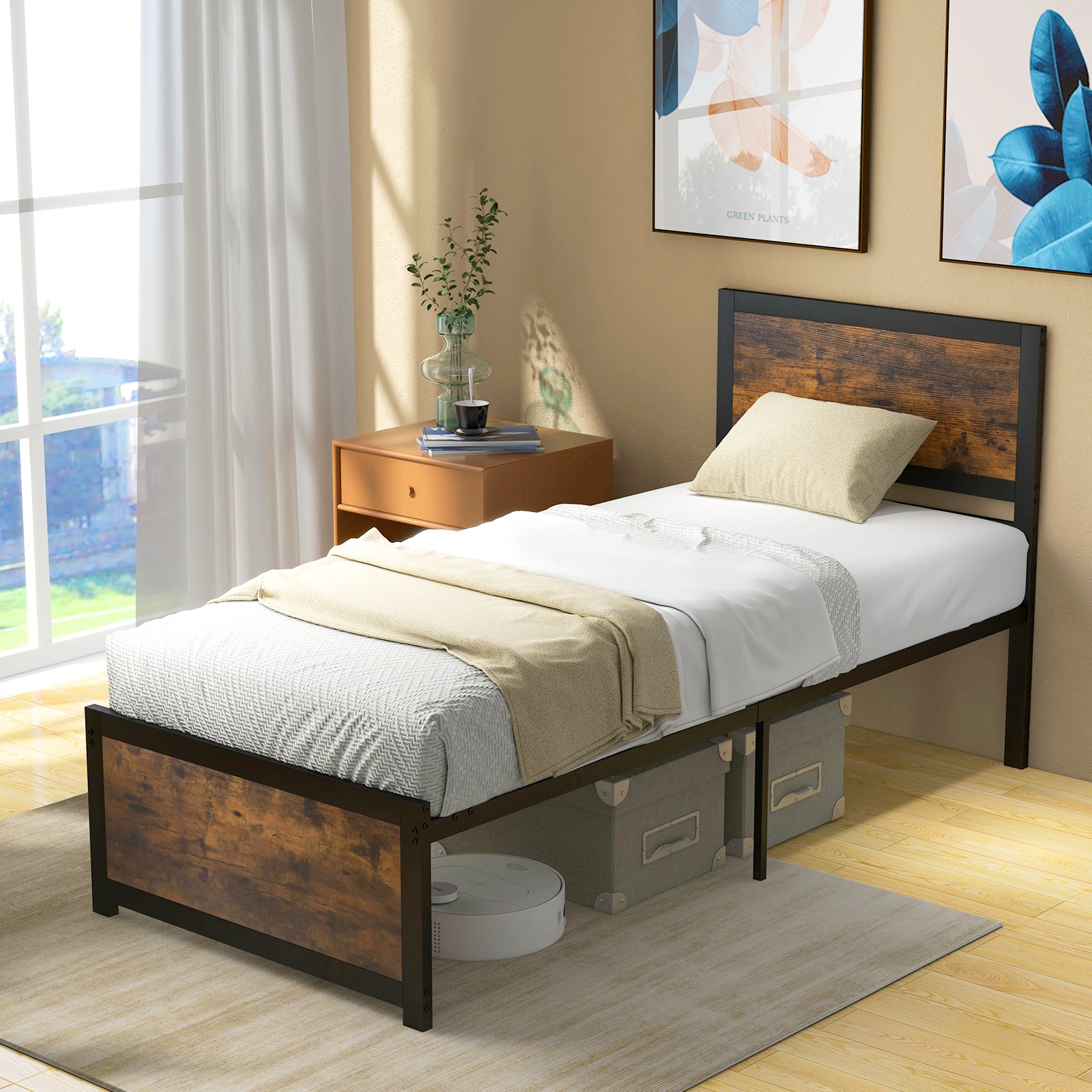 Single Size Bed Frame with High Headboard Metal Slats-S