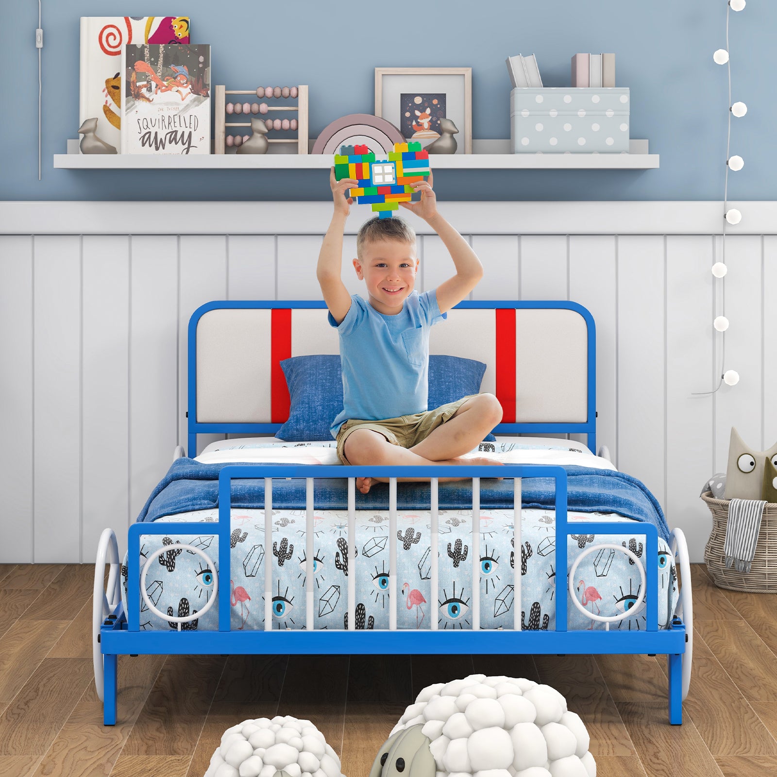 Single Size Car Shaped Kids Bed Frame with Upholstered Headboard