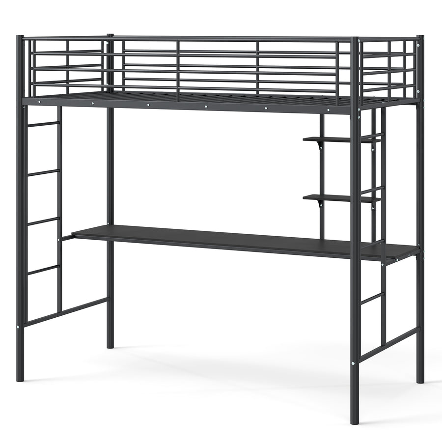 Single Size Loft Bed with Desk and Shelves Metal Loft Bed Frame-Black