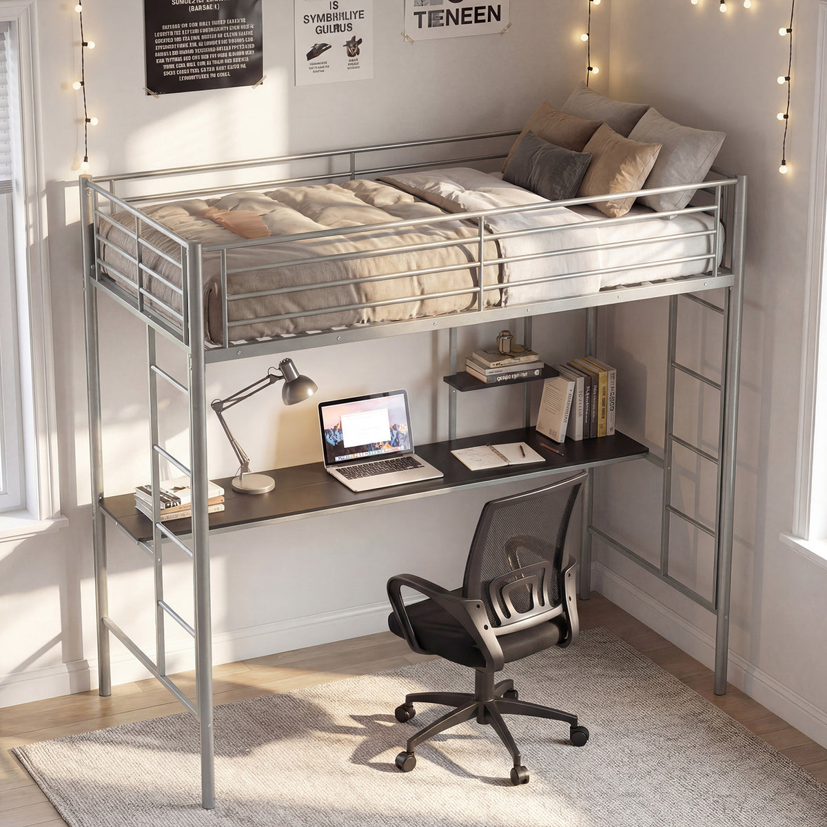 Loft Bed with Desk and Shelves Metal Loft Bed Frame-Silver