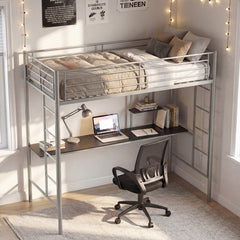 Loft Bed with Desk and Shelves Metal Loft Bed Frame-Silver