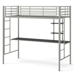 Loft Bed with Desk and Shelves Metal Loft Bed Frame-Silver