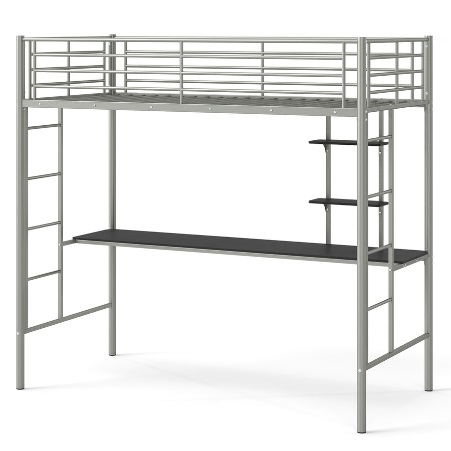 Loft Bed with Desk and Shelves Metal Loft Bed Frame-Silver