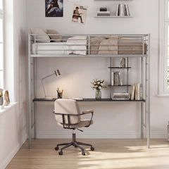 Loft Bed with Desk and Shelves Metal Loft Bed Frame-Silver