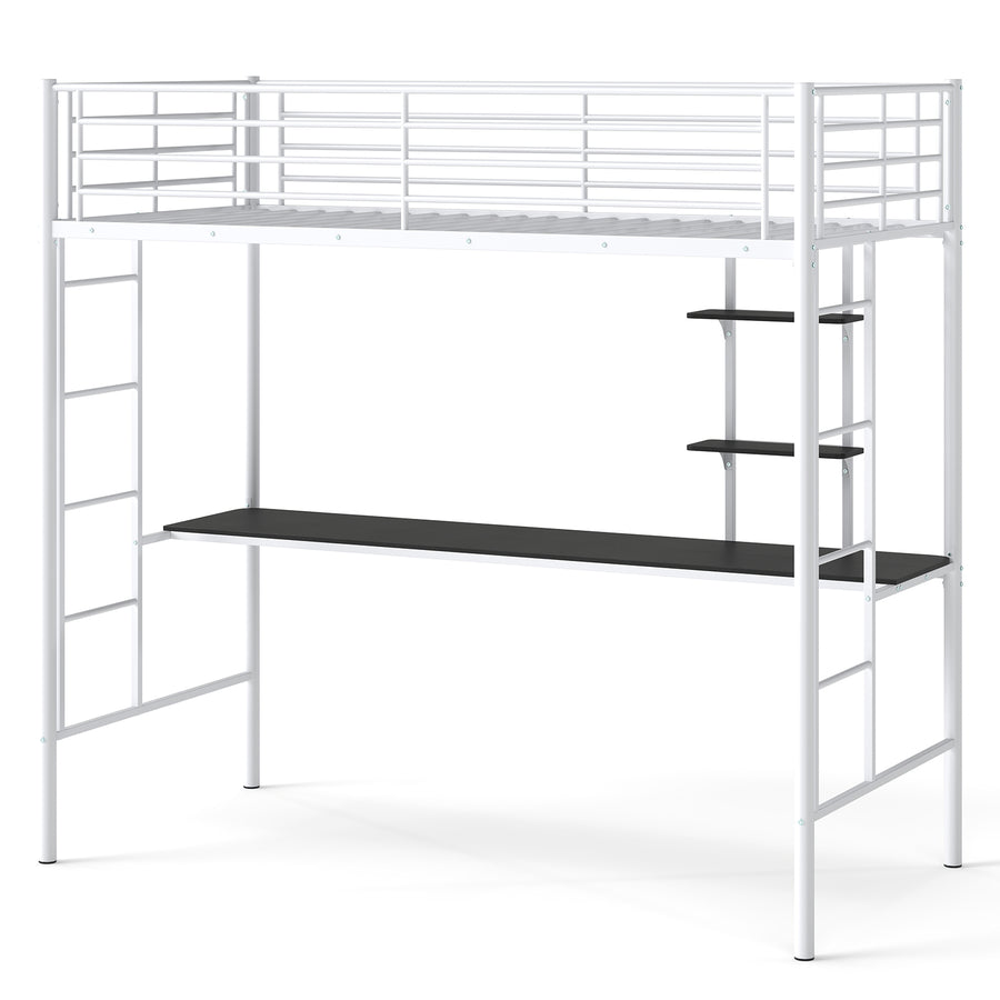 Loft Bed with Desk and Shelves Metal Loft Bed Frame-White