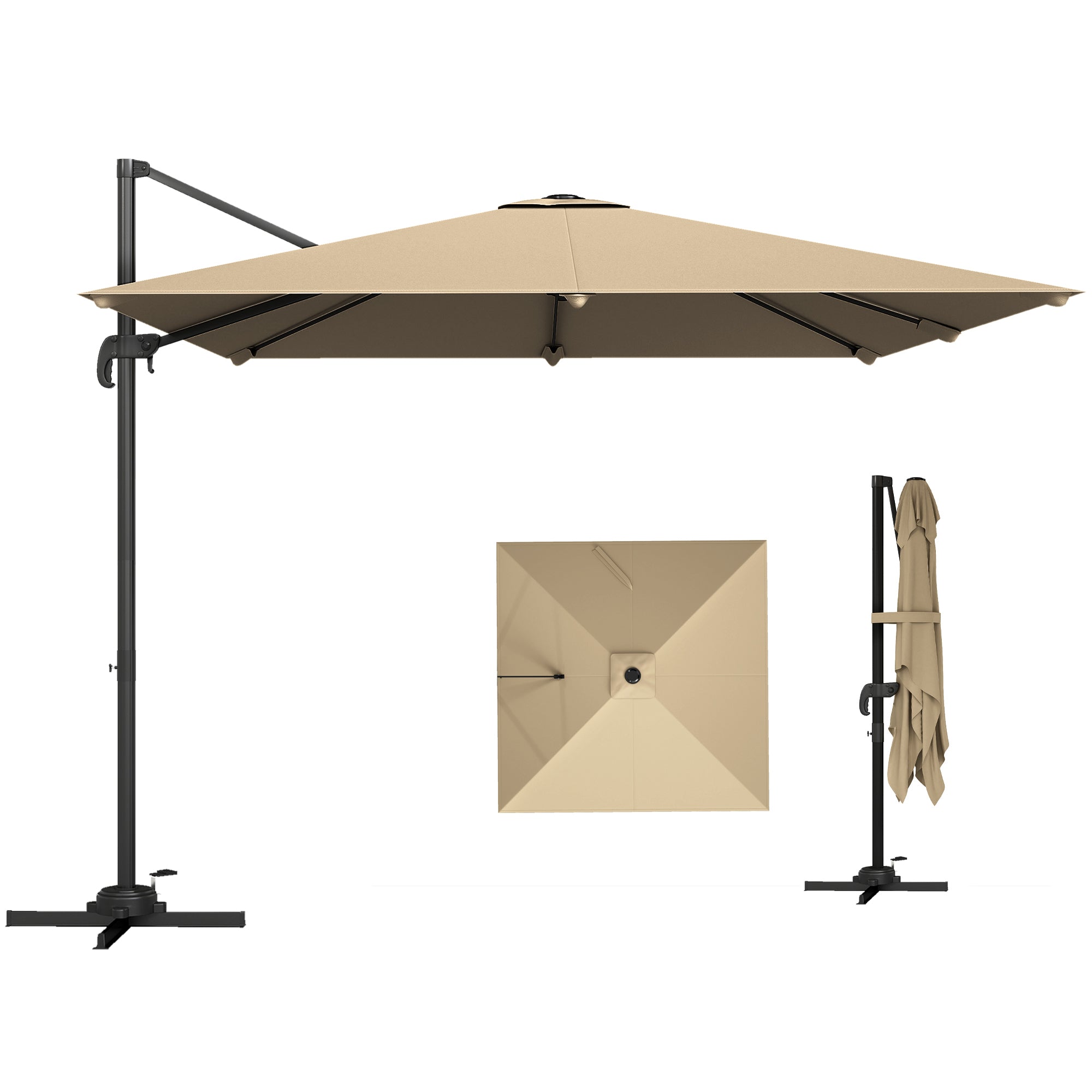 Outsunny 3 x 3 m Cantilever Parasol, Square Patio Umbrella with Crank Handle, Cross Base, Tilt, 360Â° Rotation, Khaki