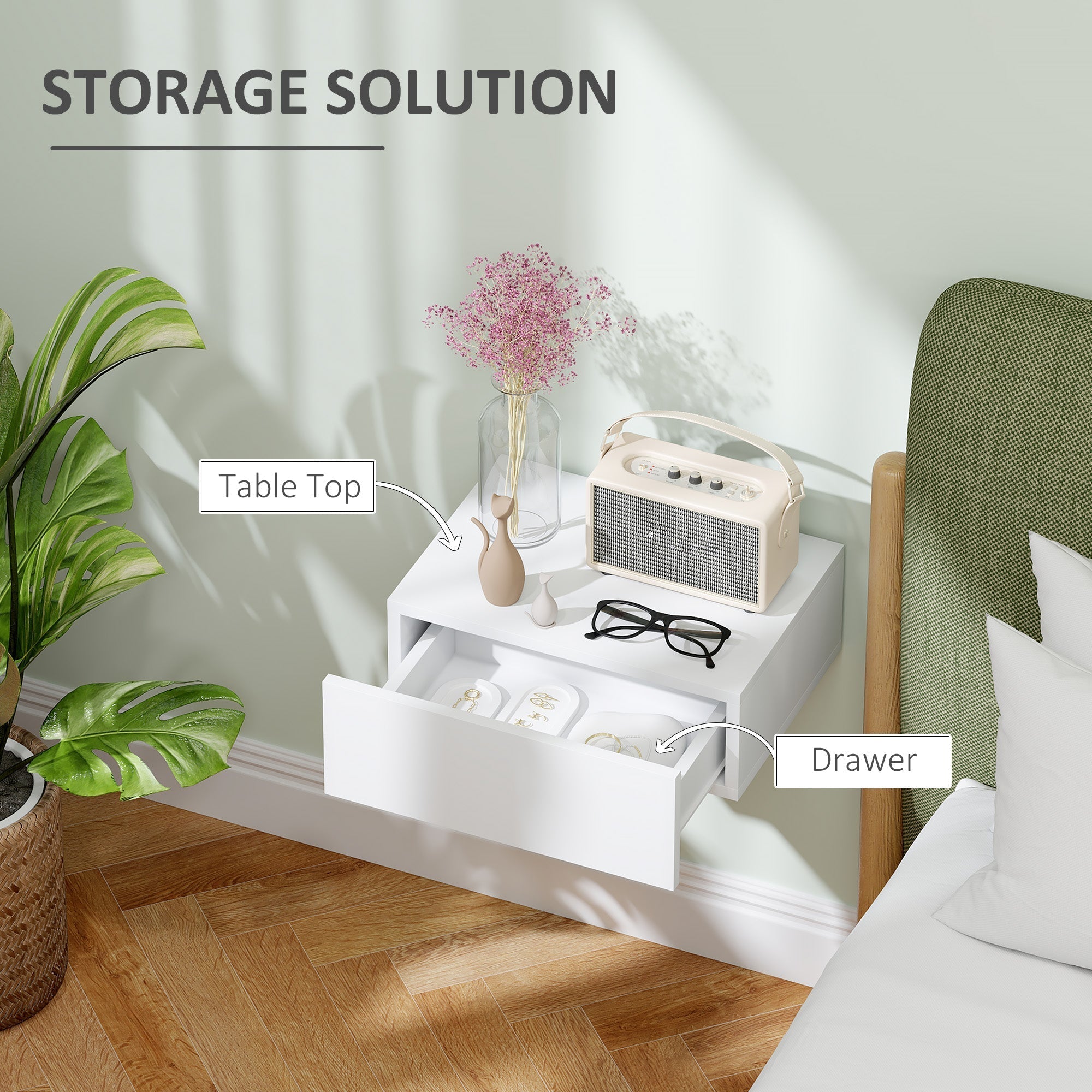 HOMCOM Floating Bedside Table, Wall-Mounted Nightstand with Storage Drawer, Small Side End Table for Bedroom, White