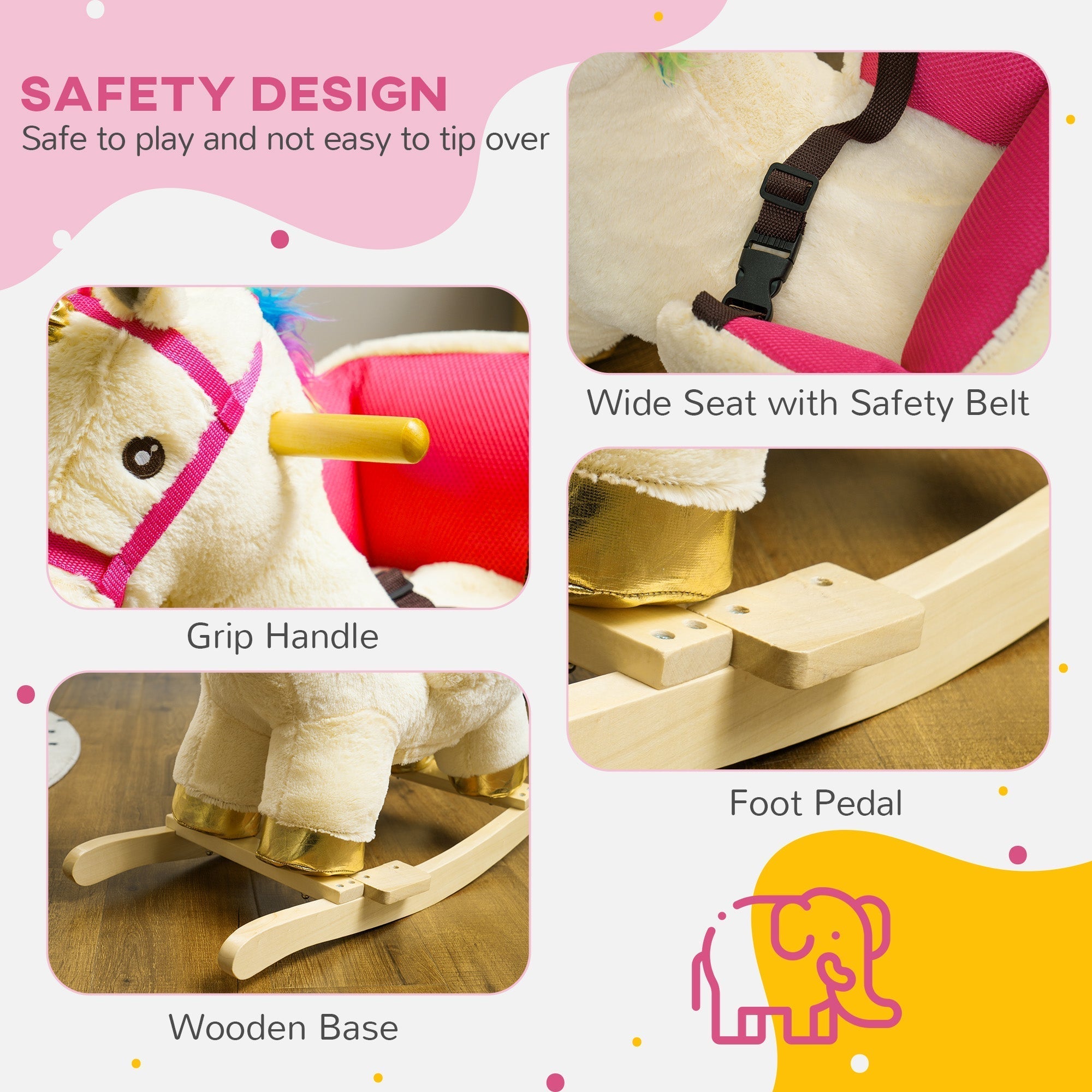 AIYAPLAY Kids Rocking Horse with Realistic Sounds, Safety Belt, Wooden Base, for Ages 18-36 Months, Cream White