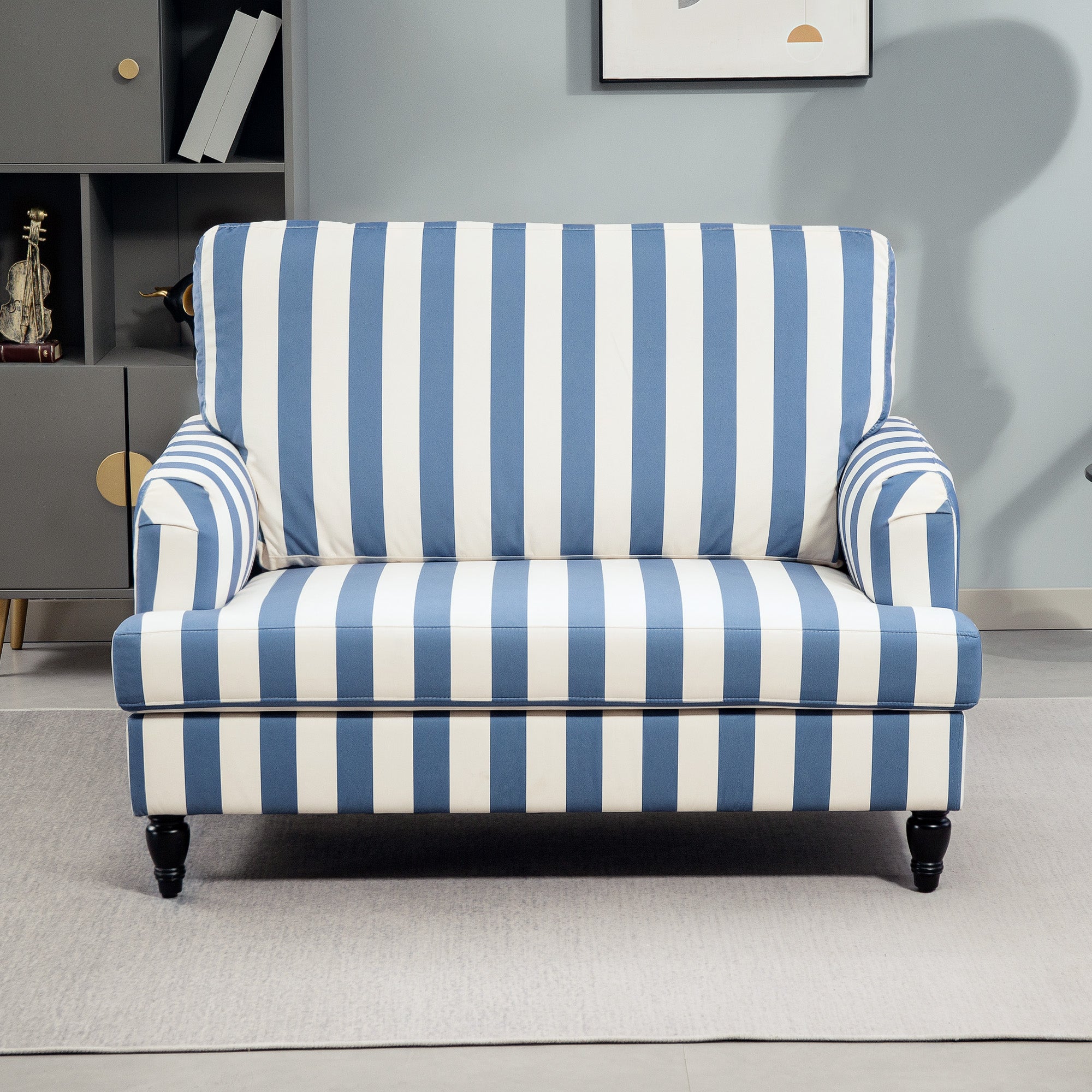 HOMCOM Modern Cuddle Chair, Velvet Single Sofa Armchair with Stripe, Turned Legs and Wide Seat, Upholstered Snuggle Chair for Living Room, Bedroom, Blue and White