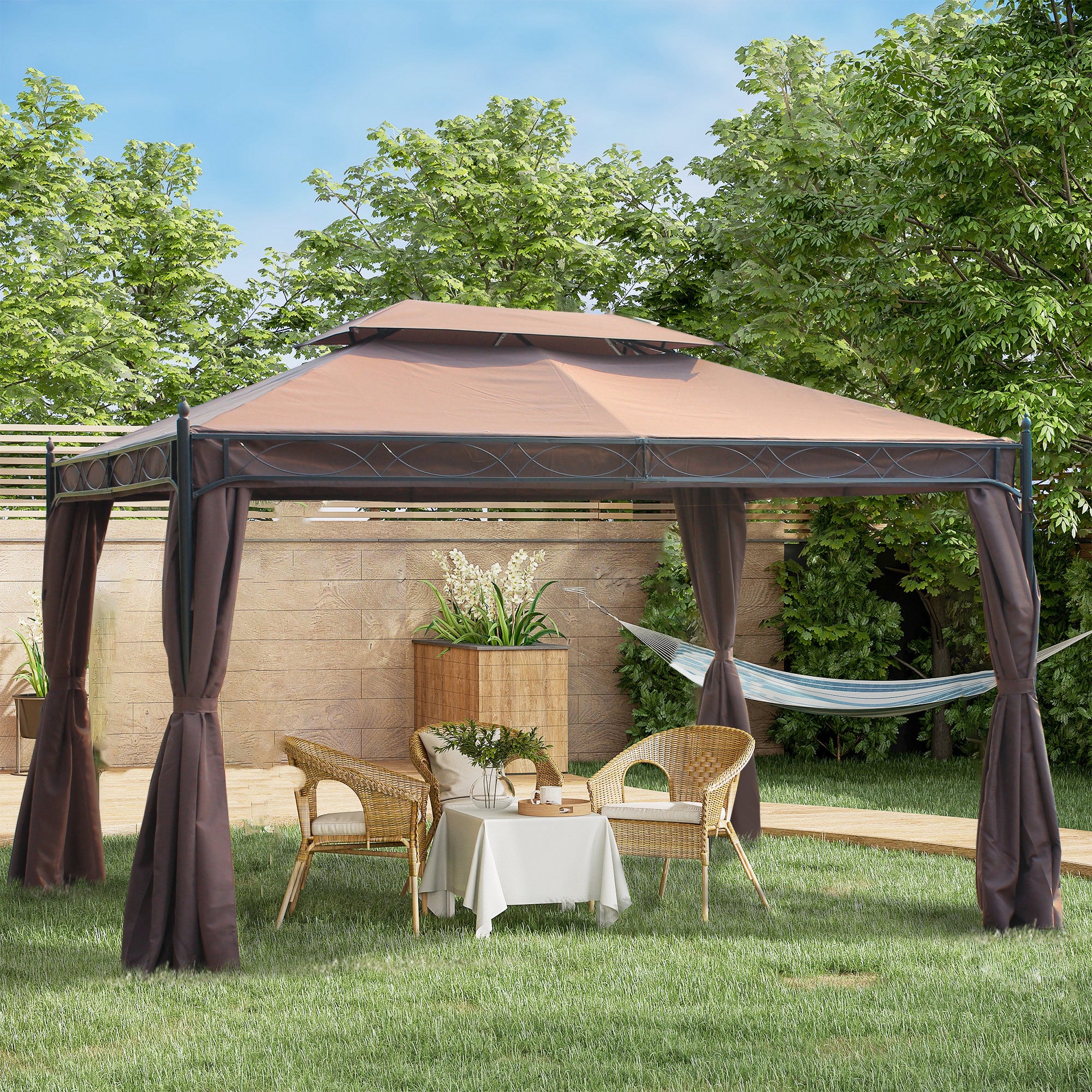 Outsunny 3 x 4m Garden Gazebo, Double√Ç Roof Marquee Canopy Shelter with Sidewalls, Solid√Ç Steel√Ç Frame√Ç for√Ç Garden,√Ç Lawn,√Ç Backyard√Ç and√Ç Deck