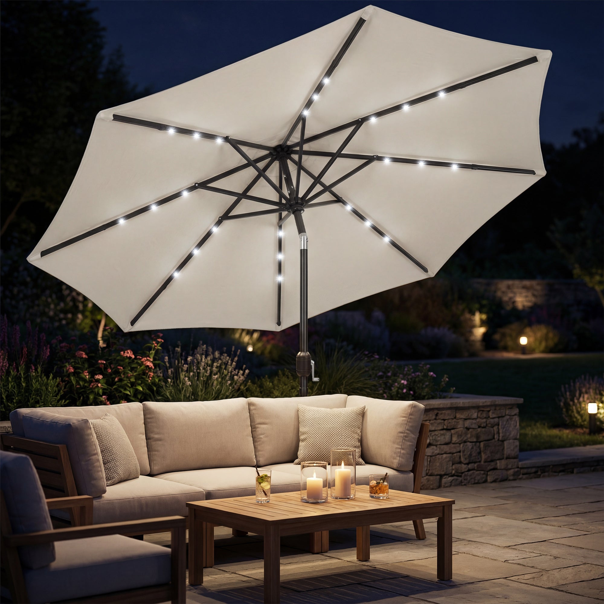 Outsunny 2.6 m Garden Parasol Umbrella with LED Solar Light, Parasol Cover, Outdoor Market Patio Umbrella, Light Grey