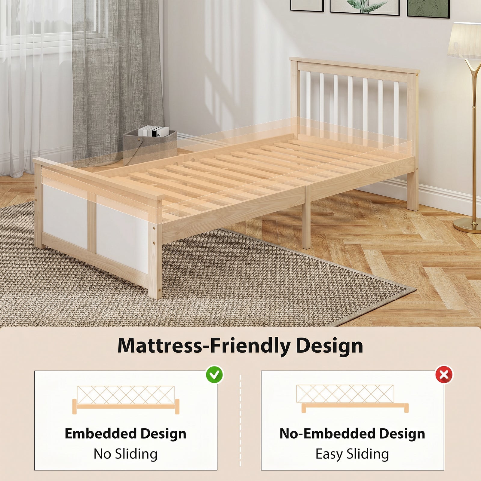 HOMCOM Pine Storage Bed, 3ft Single Solid Wooden Bed Frame with Drawers, Headboard, Wood Slat Support, Natural Wood Finish