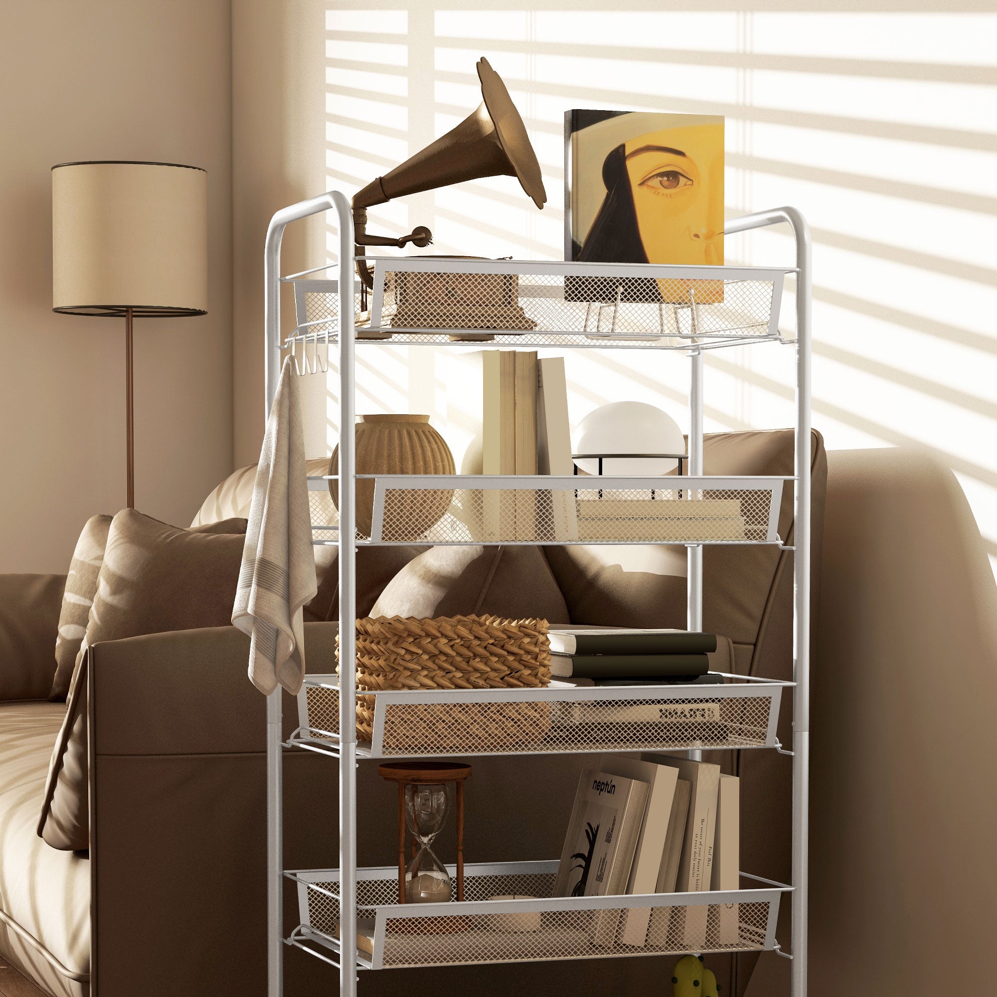 HOMCOM Five-Steel Mesh Basket Storage Trolley, with Wheels - White