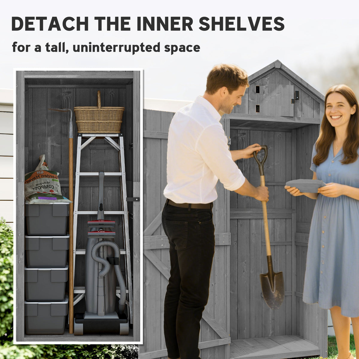 Outsunny Wooden Garden Shed, Utility Outdoor Small Shed with Lockable Double Doors, Shelves and Roof Hatch, Grey