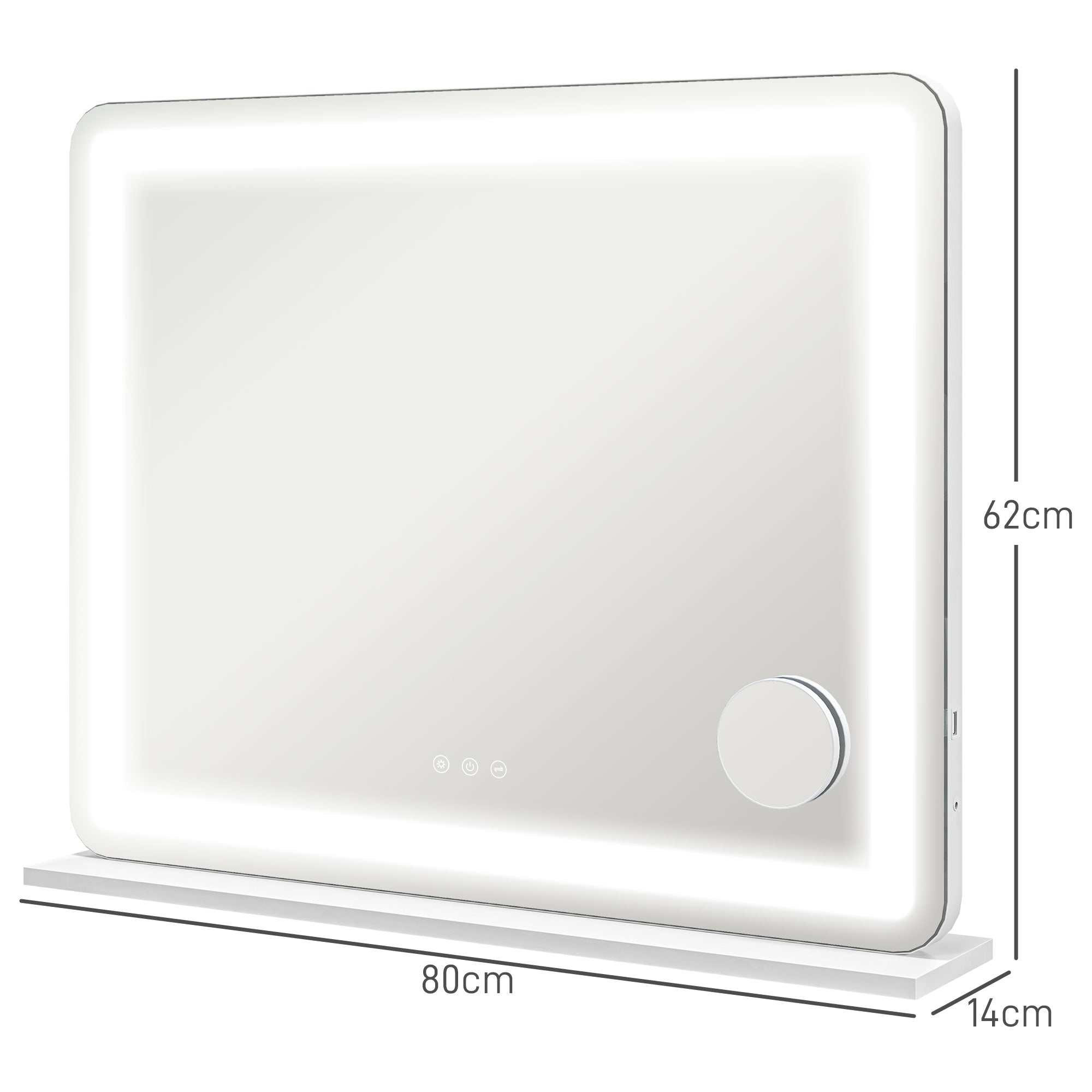 HOMCOM Vanity Mirror with Lights, Large Lighted Makeup Mirror with 3 Colour Lighting Modes, 10X Magnifying, USB Charging Port, Touch Screen, Tabletop or Wall Mounted Design for Bedroom, White