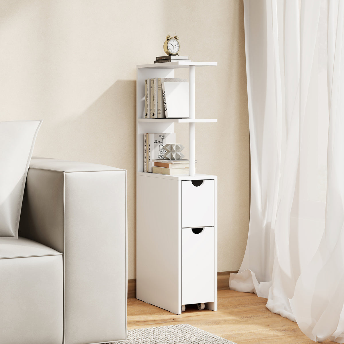 Slim Bathroom Storage Cabinet Small Corner Floor Cabinet with Open Shelves-White