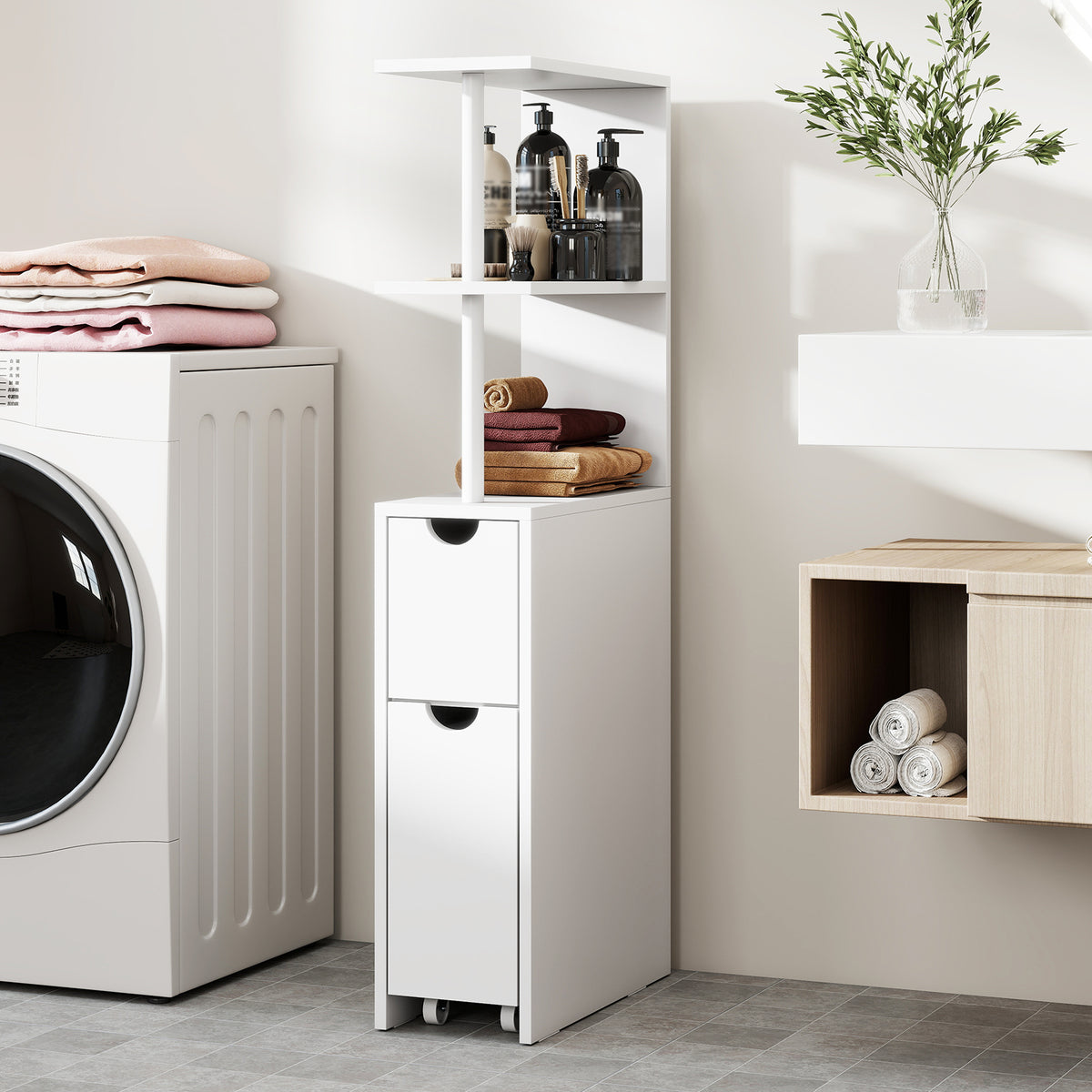 Slim Bathroom Storage Cabinet Small Corner Floor Cabinet with Open Shelves-White