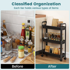 Slim Rolling Storage Cart 3-Tier Bathroom Organizer with Handles and Wheels-Black
