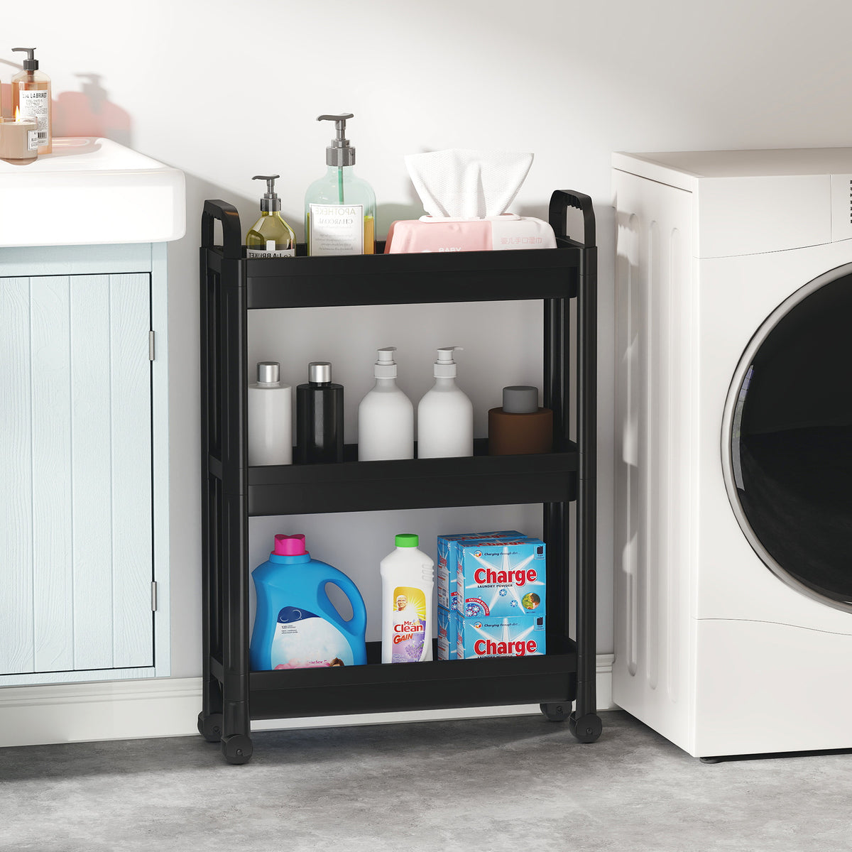 Slim Rolling Storage Cart 3-Tier Bathroom Organizer with Handles and Wheels-Black