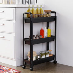 Slim Rolling Storage Cart 3-Tier Bathroom Organizer with Handles and Wheels-Black
