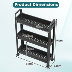 Slim Rolling Storage Cart 3-Tier Bathroom Organizer with Handles and Wheels-Black