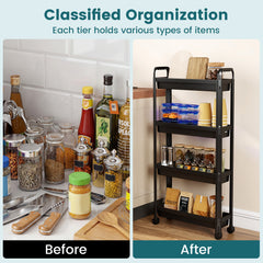 Slim Rolling Storage Cart 4-Tier Bathroom Organizer with Handles-Black