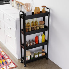 Slim Rolling Storage Cart 4-Tier Bathroom Organizer with Handles-Black