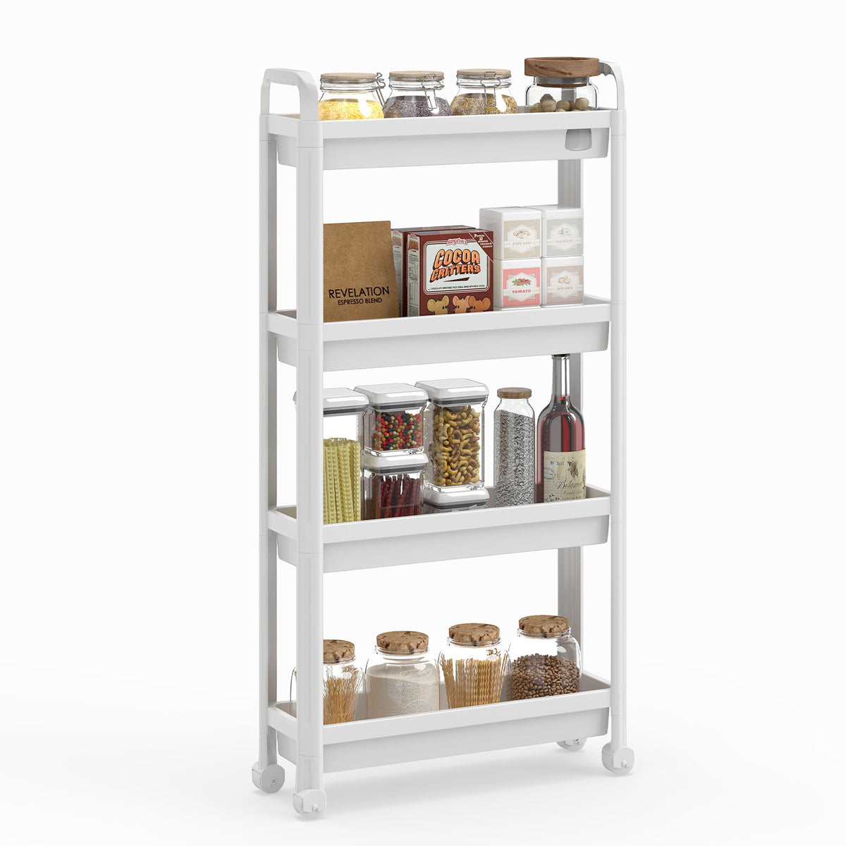 Slim Rolling Storage Cart 4-Tier Bathroom Organizer with Handles-White
