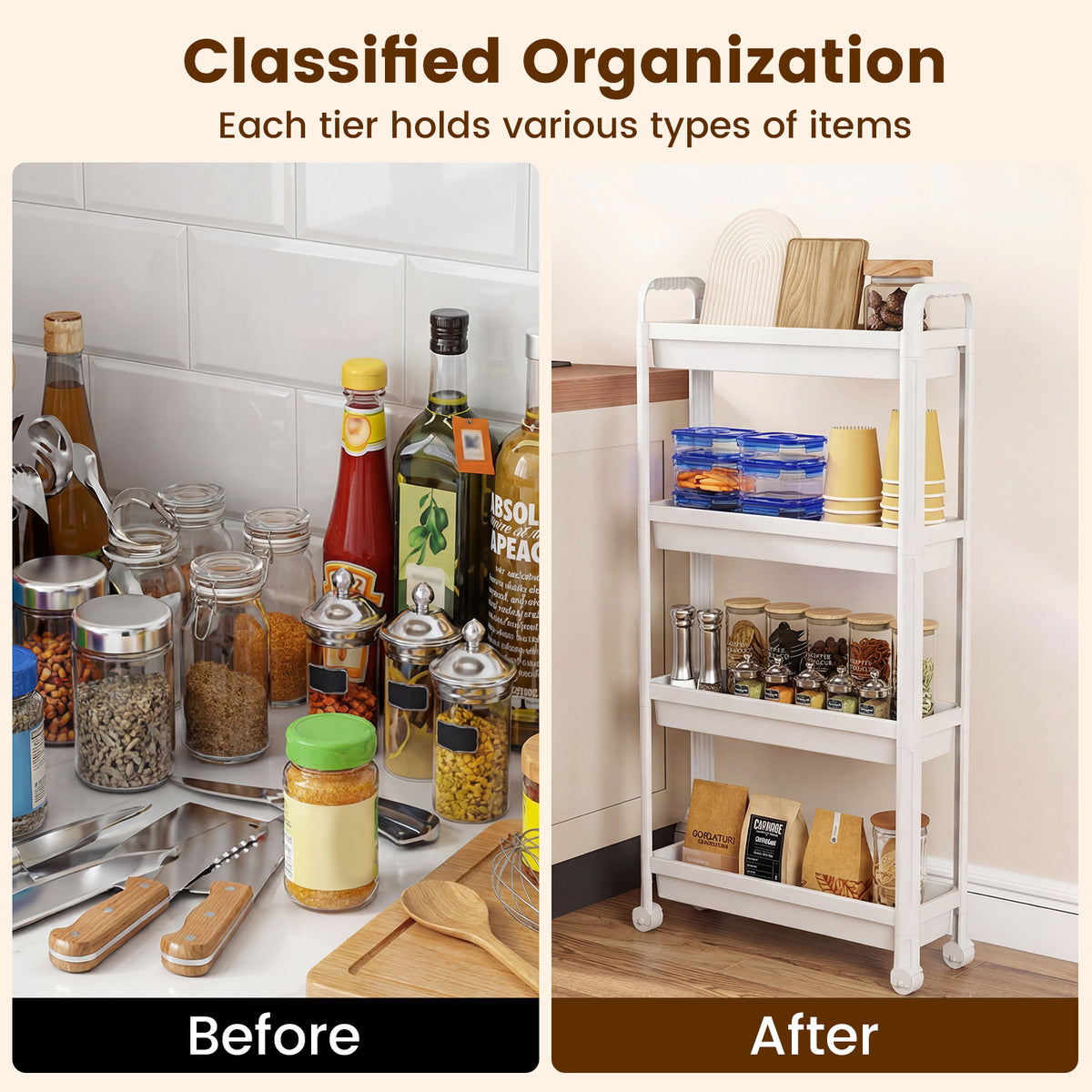 Slim Rolling Storage Cart 4-Tier Bathroom Organizer with Handles-White
