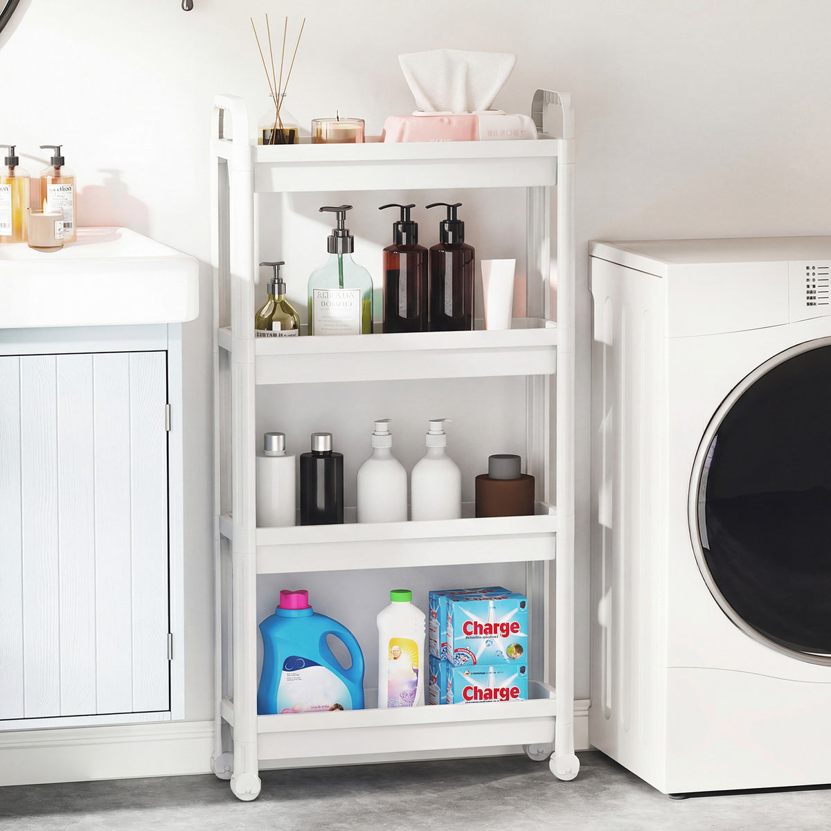 Slim Rolling Storage Cart 4-Tier Bathroom Organizer with Handles-White